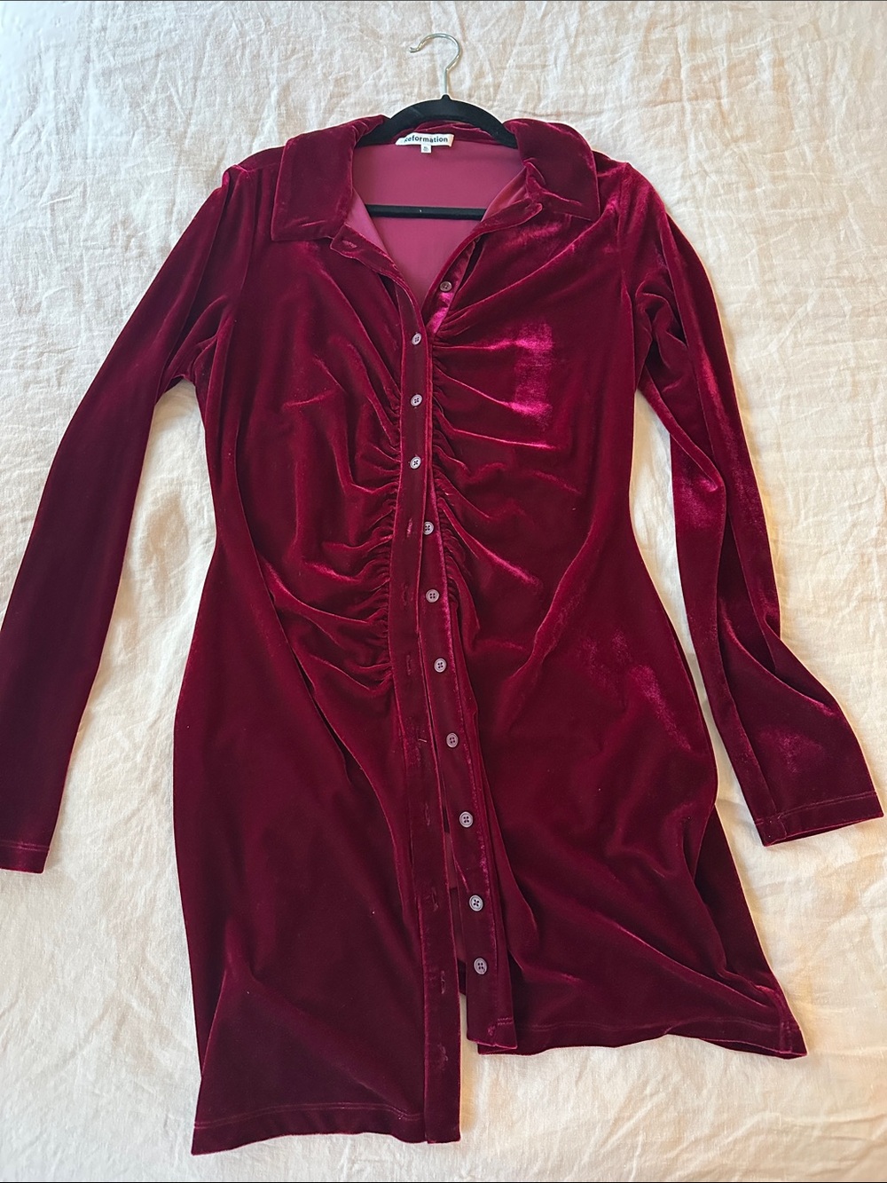 Reformation Deep Berry Velvet Button-Front Ruched Midi Dress